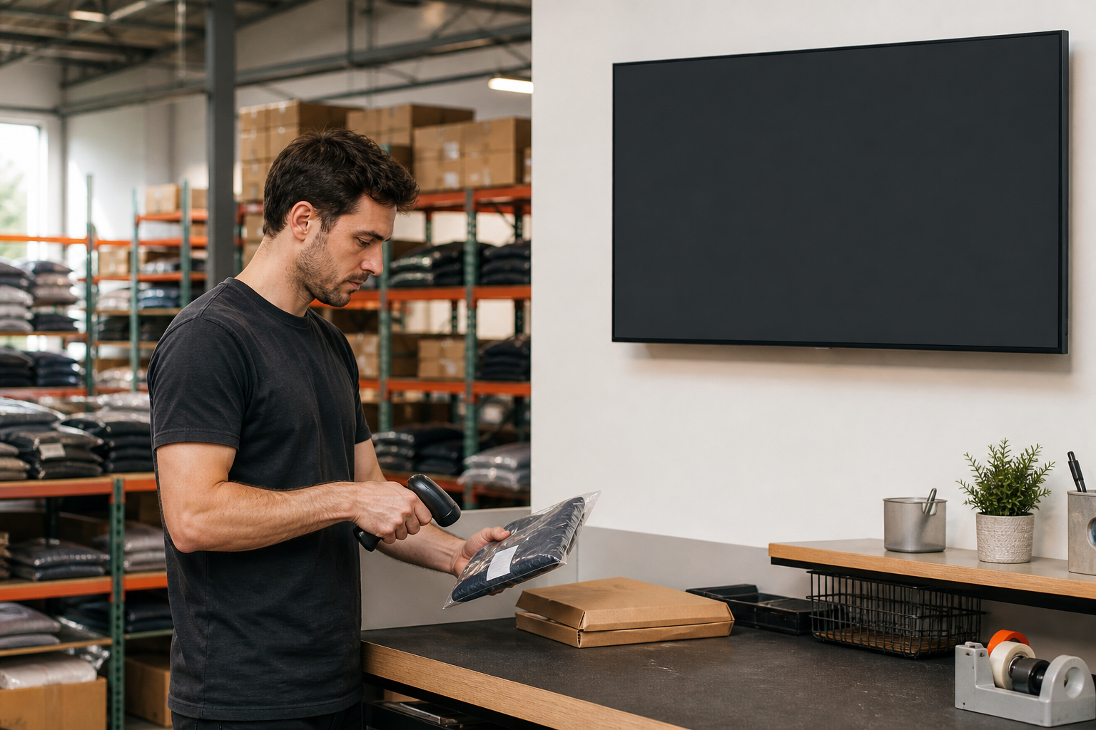 Warehouse worker scanning a packaged item beside a wall-mounted operations screen
